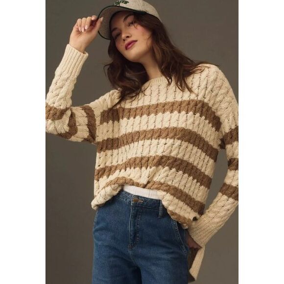 Pilcro Longline Stitch Sweater‎ in Neutral Striped Size L Oversized Knit Chunky - Picture 1 of 7